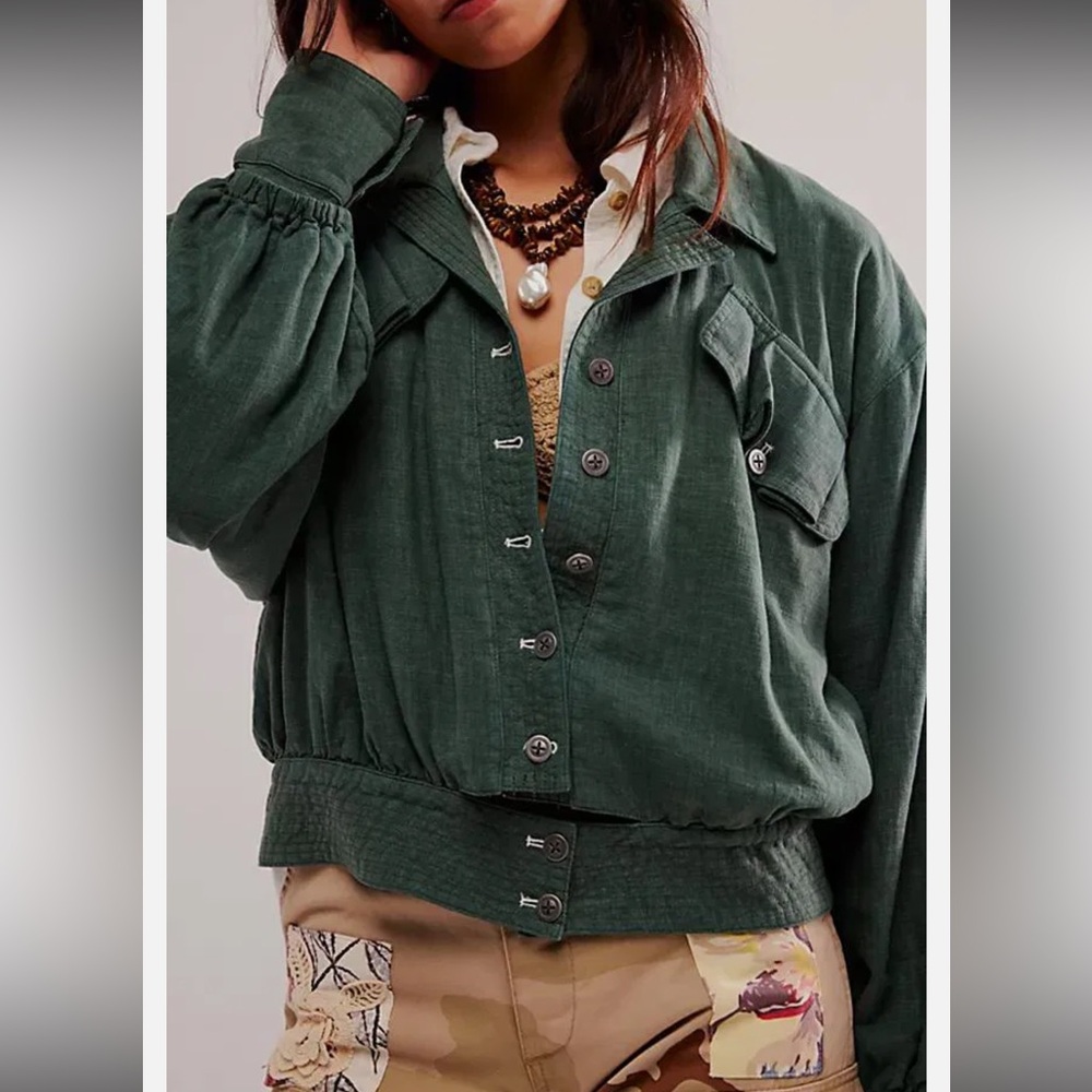 Free People Forest Green Button-Up Oversized Jacket